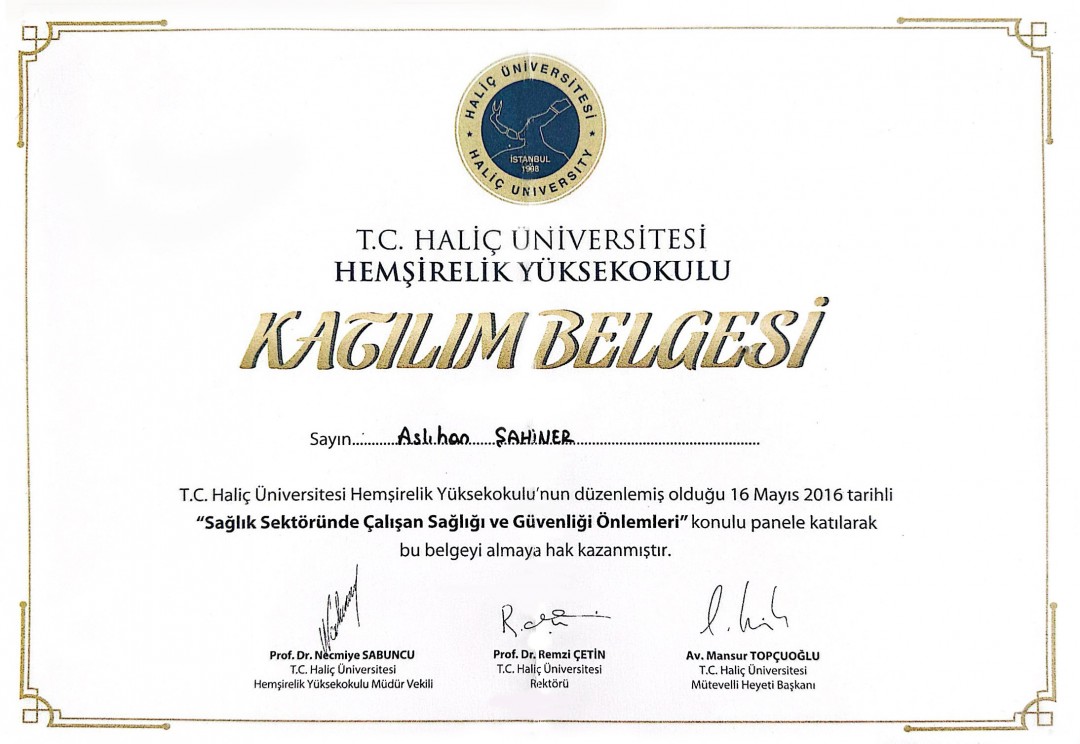 T.C. Haliç Üniversitesi -Hemşirelik Yüksekokulu Katılım Belgesi